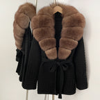 OFTBUY New Women's Knit Coat with Large Real Fox Fur Collar Belted Waist Striped Texture Pockets Winter Luxury Elegant Outerwear