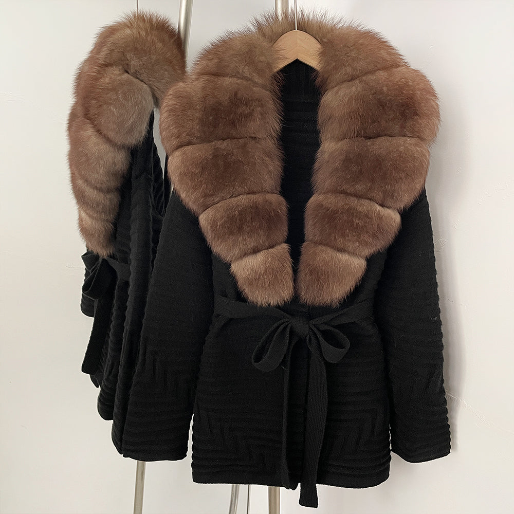 OFTBUY New Women's Knit Coat with Large Real Fox Fur Collar Belted Waist Striped Texture Pockets Winter Luxury Elegant Outerwear