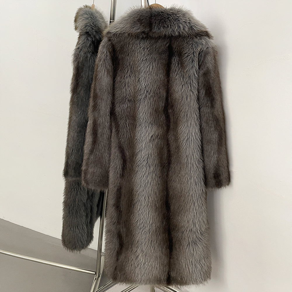 OFTBUY Luxury Long-Line Notch Lapel Faux Fur Coat - Elegant Winter Vegan Fur Overcoat