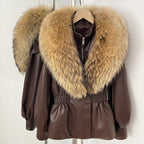 OFTBUY Women's Luxury Real Fox/Raccoon Fur Faux Leather Jacket Elastic Waist New Winter Coat Elegant PU Leather Outerwear Female