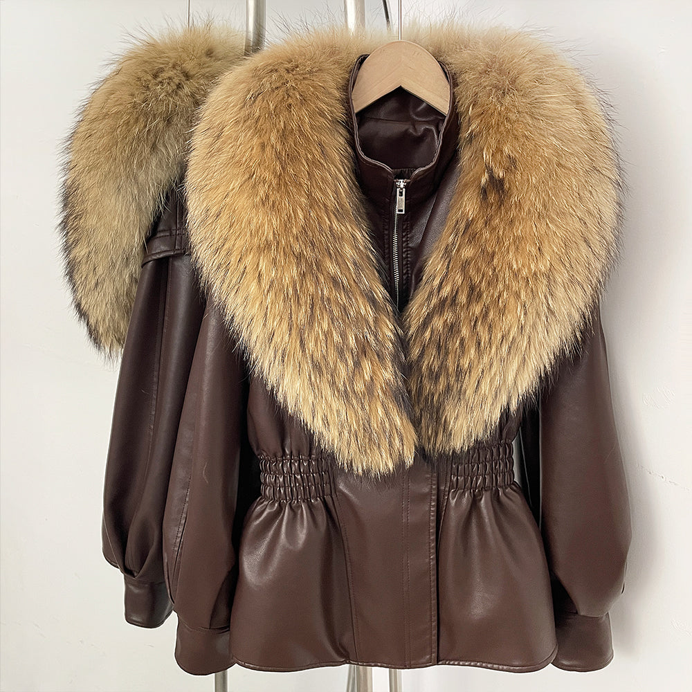 OFTBUY Women's Luxury Real Fox/Raccoon Fur Faux Leather Jacket Elastic Waist New Winter Coat Elegant PU Leather Outerwear Female