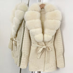 OFTBUY New Women's Knit Coat with Large Real Fox Fur Collar Belted Waist Striped Texture Pockets Winter Luxury Elegant Outerwear