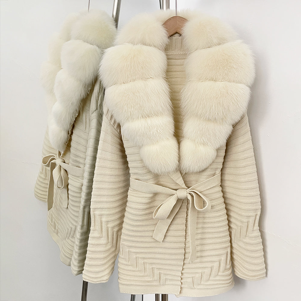 OFTBUY New Women's Knit Coat with Large Real Fox Fur Collar Belted Waist Striped Texture Pockets Winter Luxury Elegant Outerwear
