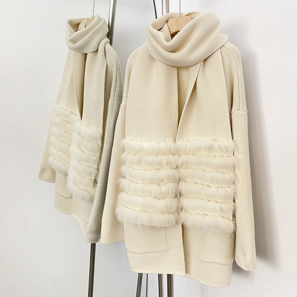 OFTBUY Elegant Cardigan Sweater New Women's Knit Coat with Real Fox Fur Loose Fit Pockets Warm Winter Fashion Cardigan Female