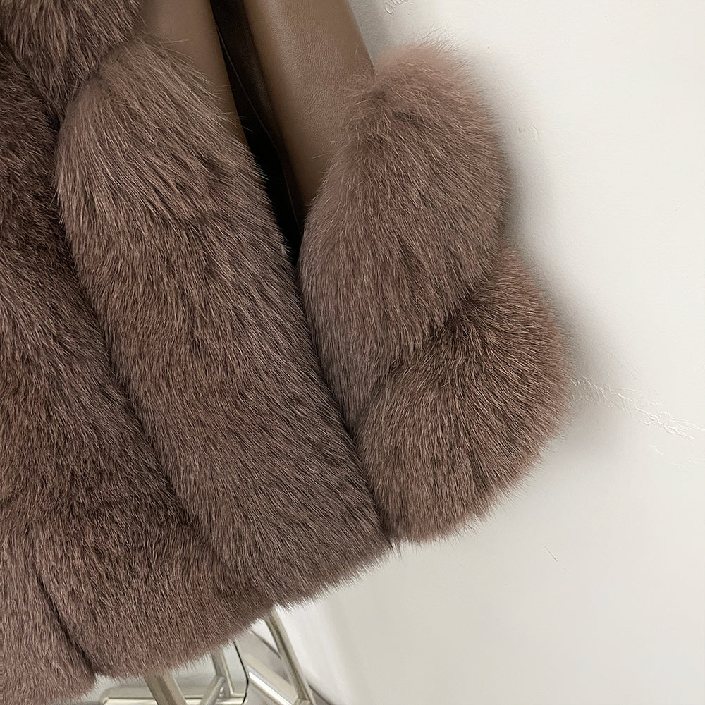 OFTBUY Women's Real Fox Fur Coat with Genuine Leather Sleeves Luxury Natural Fur Jacket Female New Warm Winter Clother Outerwear