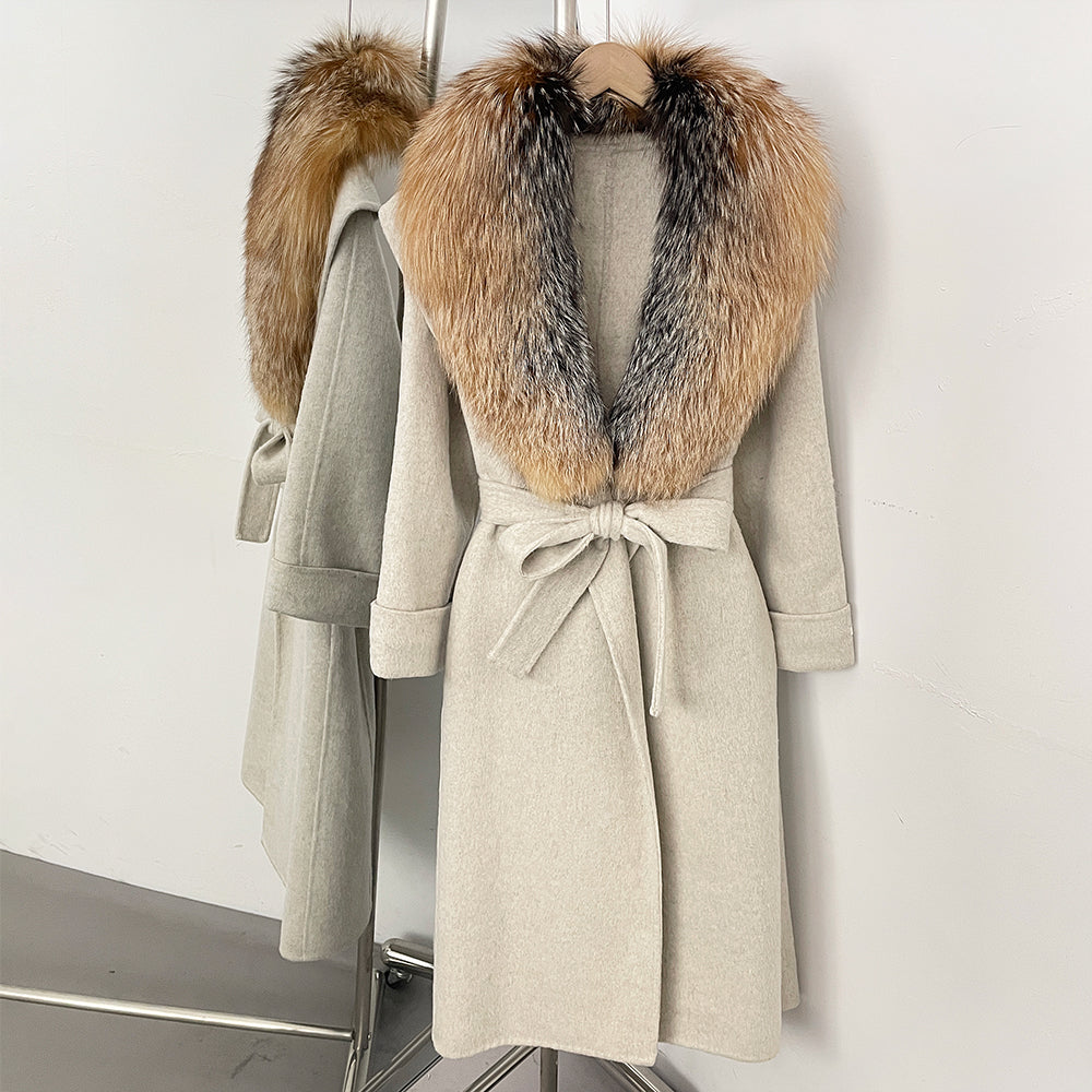 OFTBUY Belted Elegant Warm Outerwear Coat Female Women's Luxury Double-Faced Wool Jacket Winter Oversized Real Fox Fur Collar
