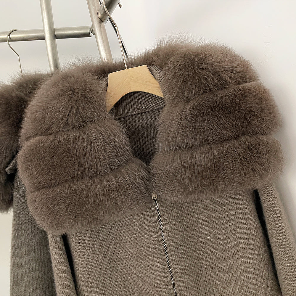 OFTBUY Women's Real Fox Raccoon Fur Collar Knit Zip Up Cardigan Ribbed Hem Warm Winter Sweater Jacket Female Luxury Outerwear