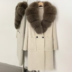 OFTBUY Double Breasted Pockets Long Luxury Warm Winter Outerwear New Women's Double-Faced Wool Coat with Real Fox Fur Collar
