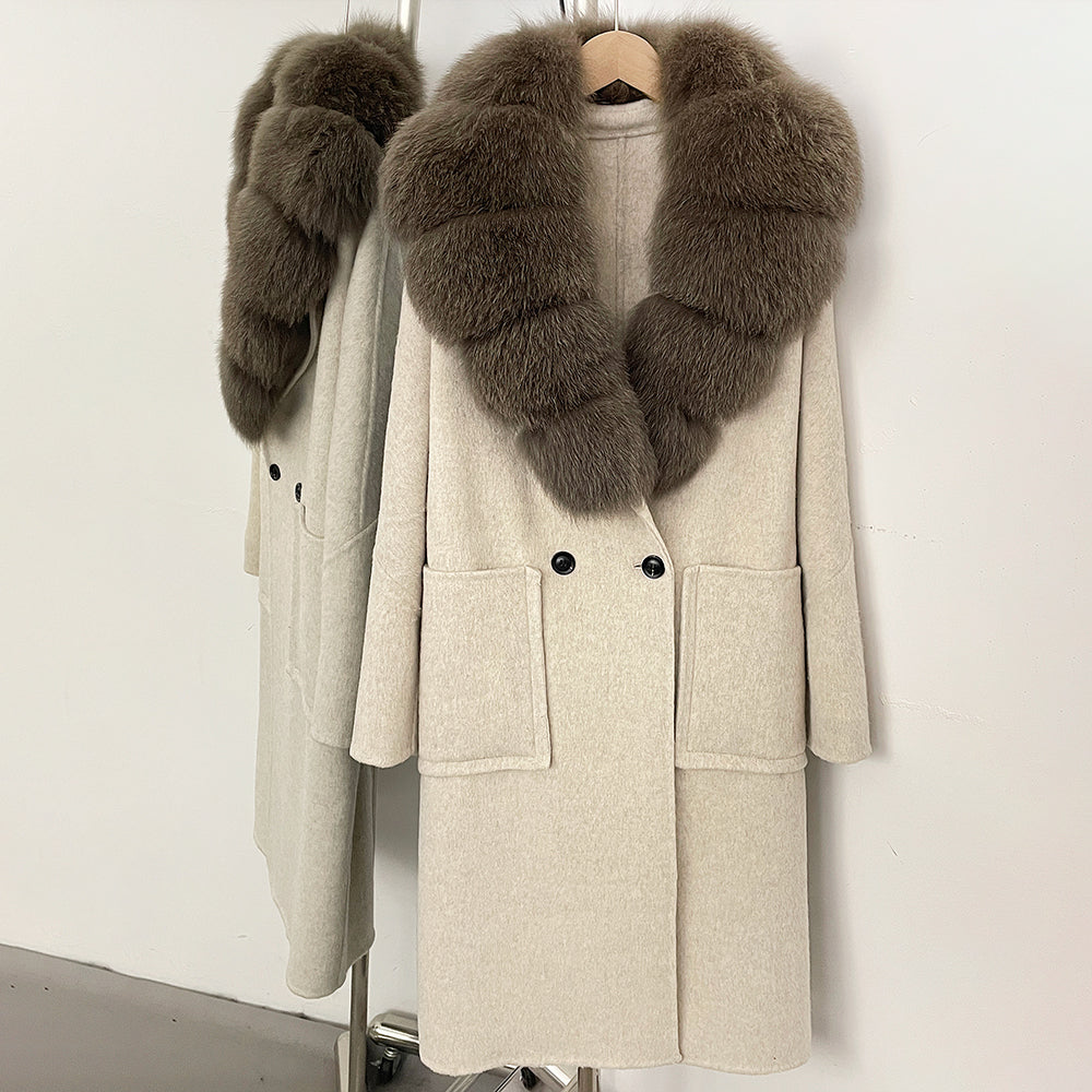 OFTBUY Double Breasted Pockets Long Luxury Warm Winter Outerwear New Women's Double-Faced Wool Coat with Real Fox Fur Collar