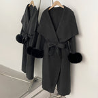 OFTBUY Belt Real Fox Fur Cuffs Elegant Warm Winter Outerwear lady New Women's Long Double-Faced Wool Coat Oversized Lapel Collar