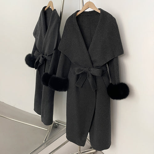 OFTBUY Belt Real Fox Fur Cuffs Elegant Warm Winter Outerwear lady New Women's Long Double-Faced Wool Coat Oversized Lapel Collar