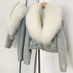 OFTBUY New Casual Fluffy Winter Clothes Women Short Mongolia Sheep Fur Collar Down Denim jacket Female Real Fur Puffer Jacket