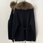 OFTBUY New Women's Knit Cardigan with Oversized Real Fox Fur Trim Self-Tie Belt Sweater Luxury Warm Winter Fashion Outerwear