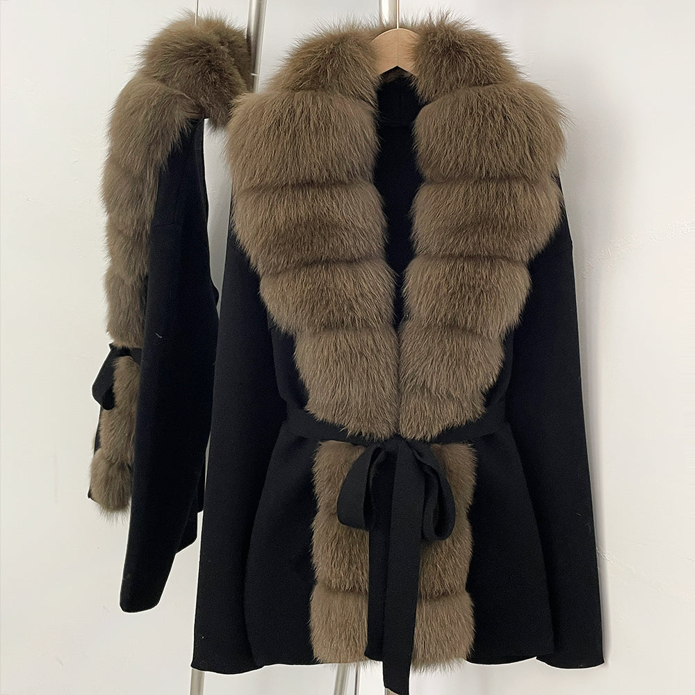 OFTBUY Luxury Warm Winter Fashion Outerwear New Women's Knit Cardigan with Oversized Real Fox Fur Trim Self-Tie Belt Sweater