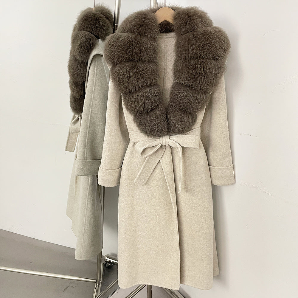 OFTBUY Belted Elegant Warm Outerwear Coat Female Women's Luxury Double-Faced Wool Jacket Winter Oversized Real Fox Fur Collar