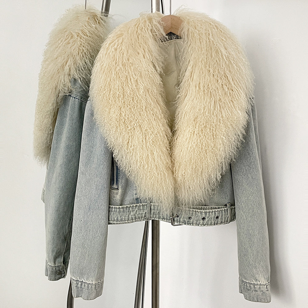 OFTBUY New Casual Fluffy Winter Clothes Women Short Mongolia Sheep Fur Collar Down Denim jacket Female Real Fur Puffer Jacket