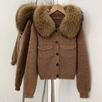 OFTBUY Short Natural Fox Fur Collar Knitted Sweater Coat FemaleReal Fur Clothing New Autumn Winter Knitting Cardigan Women