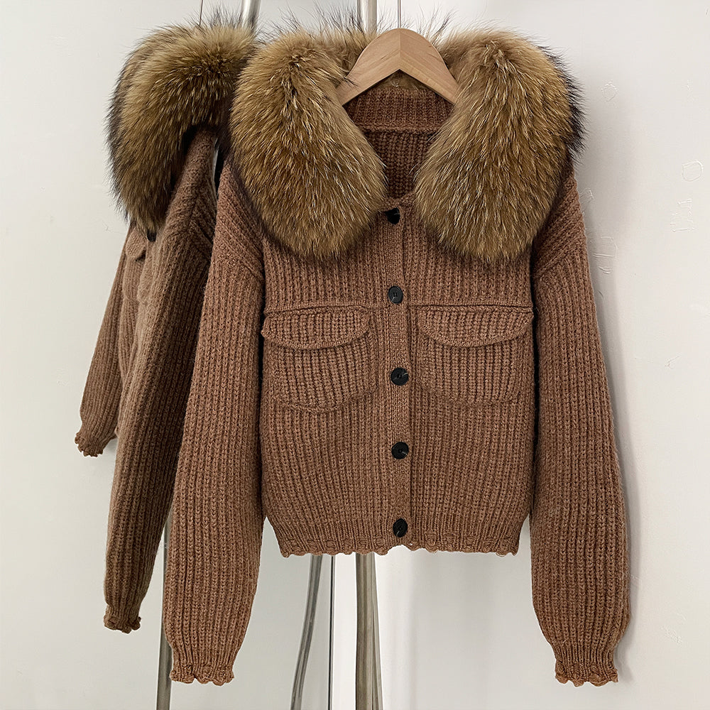 OFTBUY Short Natural Fox Fur Collar Knitted Sweater Coat FemaleReal Fur Clothing New Autumn Winter Knitting Cardigan Women