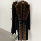 OFTBUY New Women's Knit Long Coat with Full Real Fox Fur  Belted Pockets Warm Winter Elegant Fashion Outerwear Cardigan Sweater