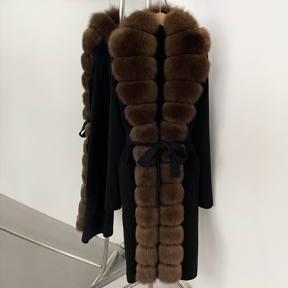 OFTBUY New Women's Knit Long Coat with Full Real Fox Fur  Belted Pockets Warm Winter Elegant Fashion Outerwear Cardigan Sweater