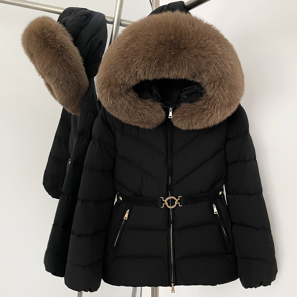 OFTBUY Belt Slim Hooded Real Fox Fur Collar Jacket Female New Winter Top Clothing Women Thickened Warm Raccoon Fur Fluffy Coat