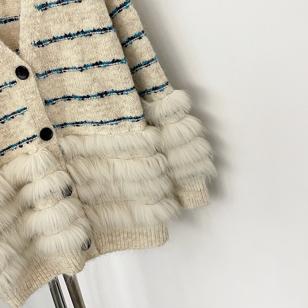 OFTBUY Stripe V-neck Real Fur Trim Sweater Coat Women New Spring Autumn Top Clothing Female Knitted Cardigans with Real Fox Fur