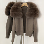 OFTBUY Women's Real Fox Raccoon Fur Collar Knit Zip Up Cardigan Ribbed Hem Warm Winter Sweater Jacket Female Luxury Outerwear