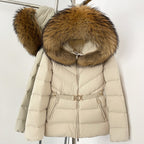 OFTBUY Belt Slim Hooded Real Fox Fur Collar Jacket Female New Winter Top Clothing Women Thickened Warm Raccoon Fur Fluffy Coat