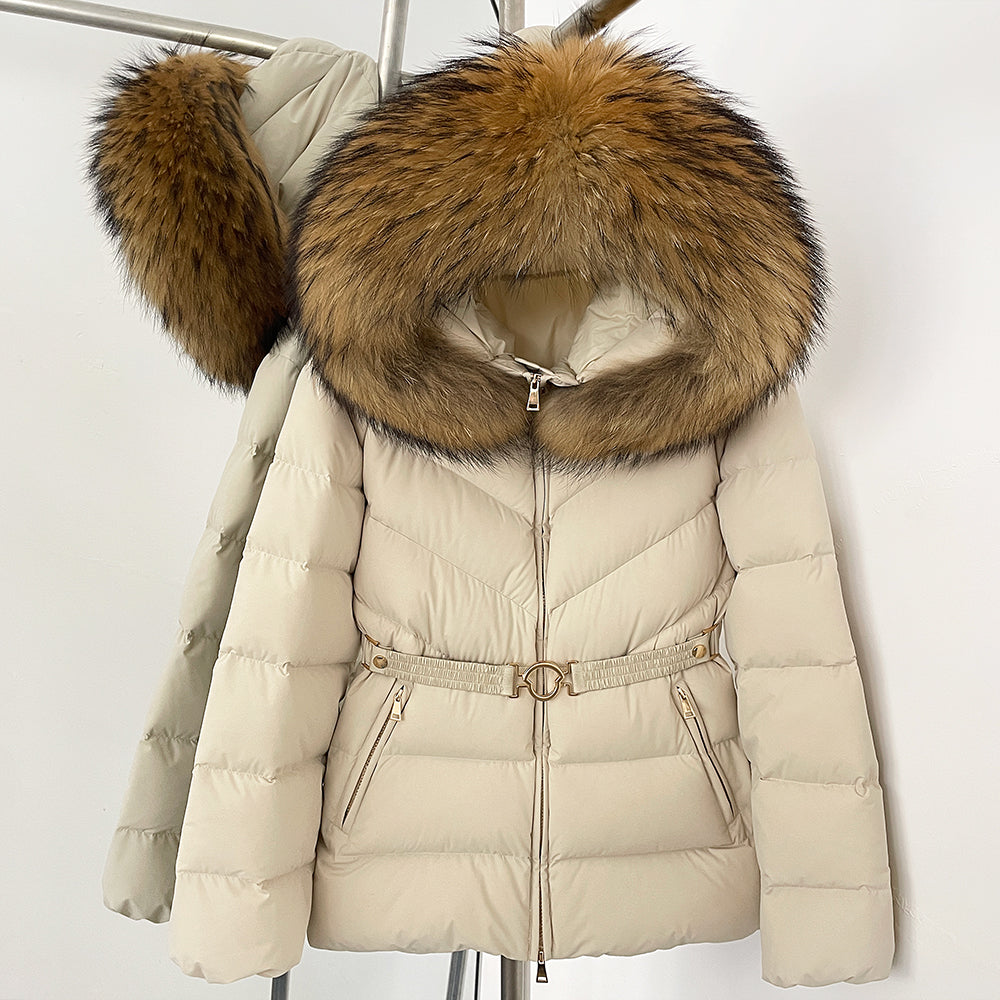 OFTBUY Belt Slim Hooded Real Fox Fur Collar Jacket Female New Winter Top Clothing Women Thickened Warm Raccoon Fur Fluffy Coat