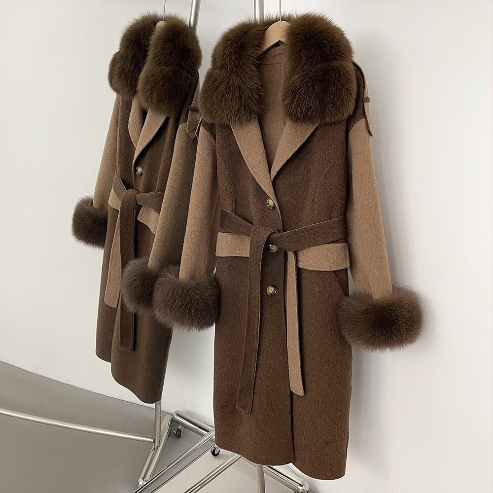 OFTBUT New Winter Clothing Women Natural Fox Fur Cashmere double-faced Woolen Jacket Long Single-breasted Belt Wool Coat Female