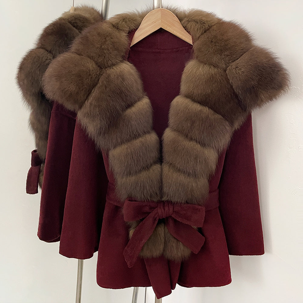 OFTBUY Belt Real Fox Fur Wool Coat Female New Autumn Winter Warm Clothes Women Natural Fox Fur Collar Cashmere Woolen Jacket