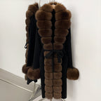 OFTBUY Cardigan Sweater New Women's Knit Long Coat with Full Real Fox Fur Belted Pockets Warm Winter Elegant Fashion Outerwear