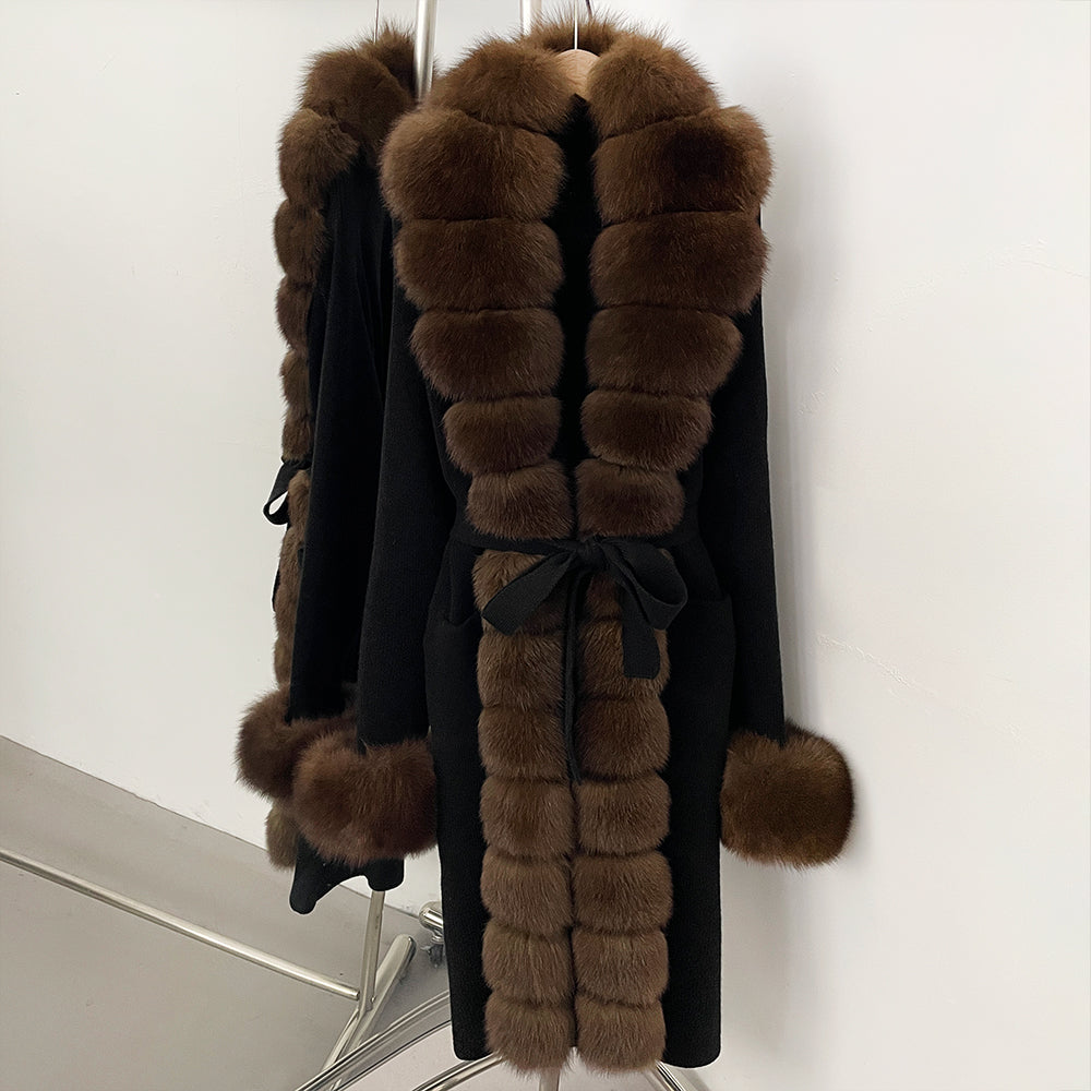 OFTBUY Cardigan Sweater New Women's Knit Long Coat with Full Real Fox Fur Belted Pockets Warm Winter Elegant Fashion Outerwear