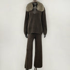 OFTBUY New Women's Knit Two Piece Set with Real Fox Fur Collar Loose Pants Warm Winter Elegant Casual Outfit Sweater Female
