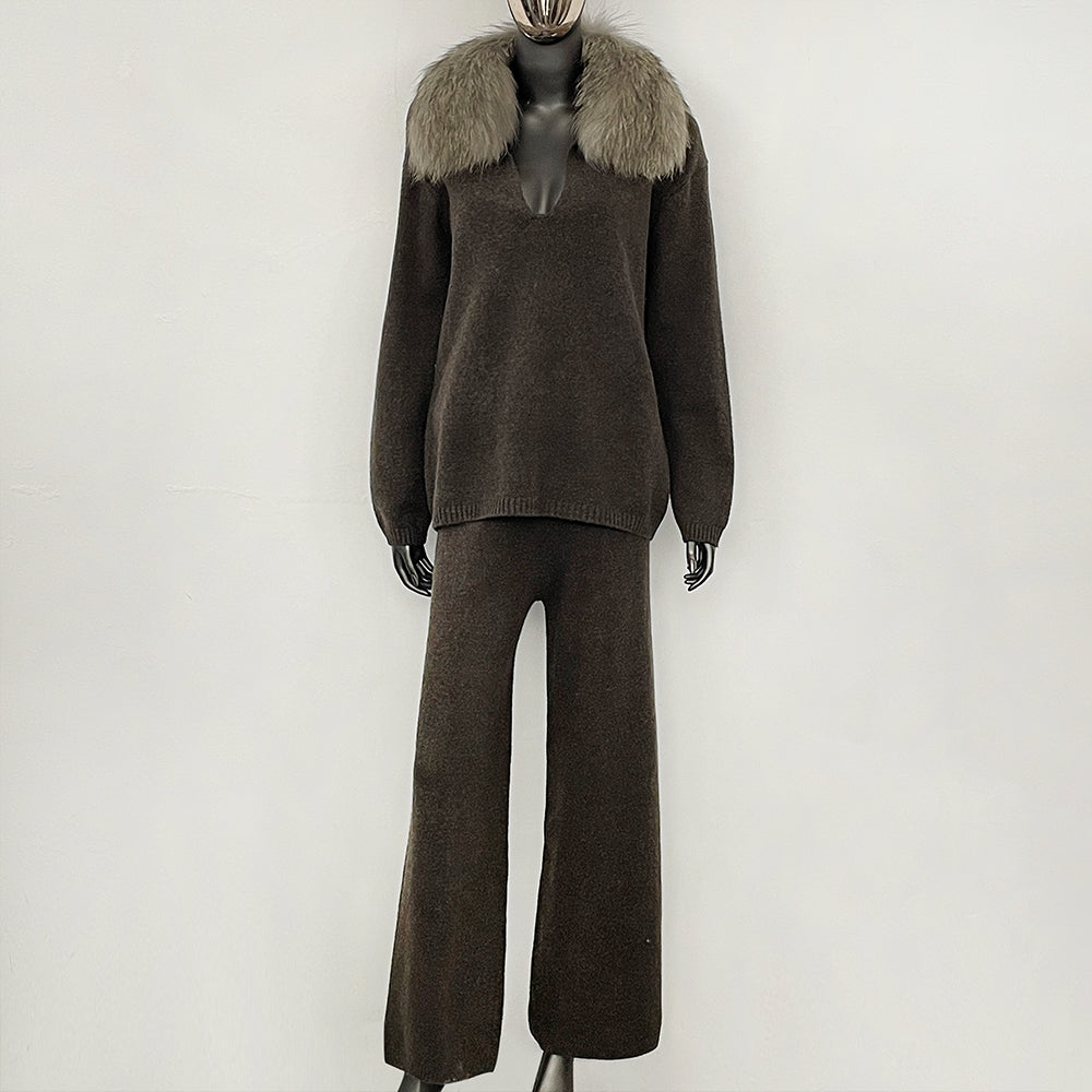 OFTBUY New Women's Knit Two Piece Set with Real Fox Fur Collar Loose Pants Warm Winter Elegant Casual Outfit Sweater Female