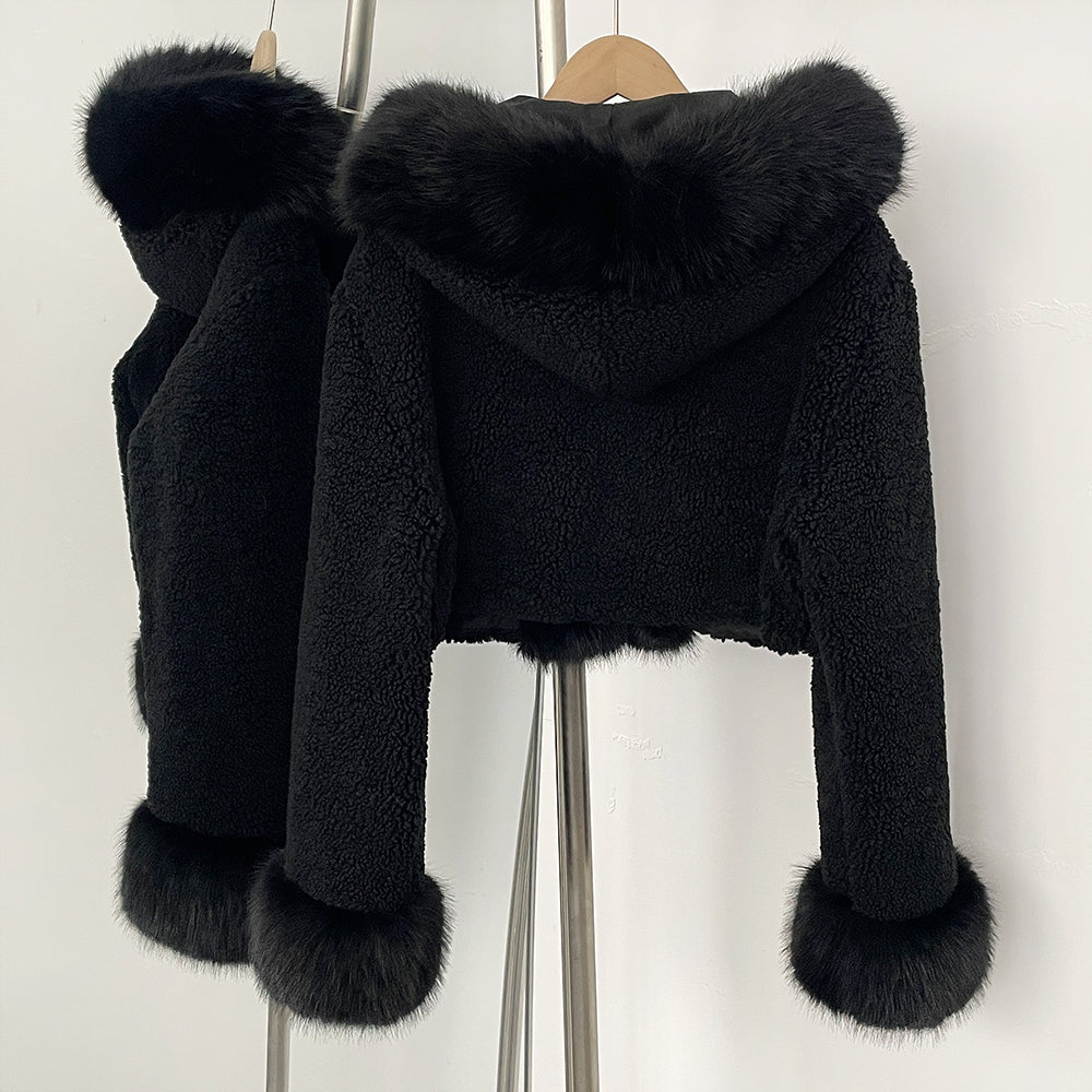 OFTBUY Short Faux Lamb Fur Jacket Female New Fashion Autumn Warm Thick Artificial Fur Winter Clothing Women Hooded Fake Fox Fur Coat