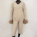 OFTBUY New Women's Knitted Two Piece Set with Real Fox Fur Cuffs V Neck Warm Winter Casual Elegant Outfit Sweater Female