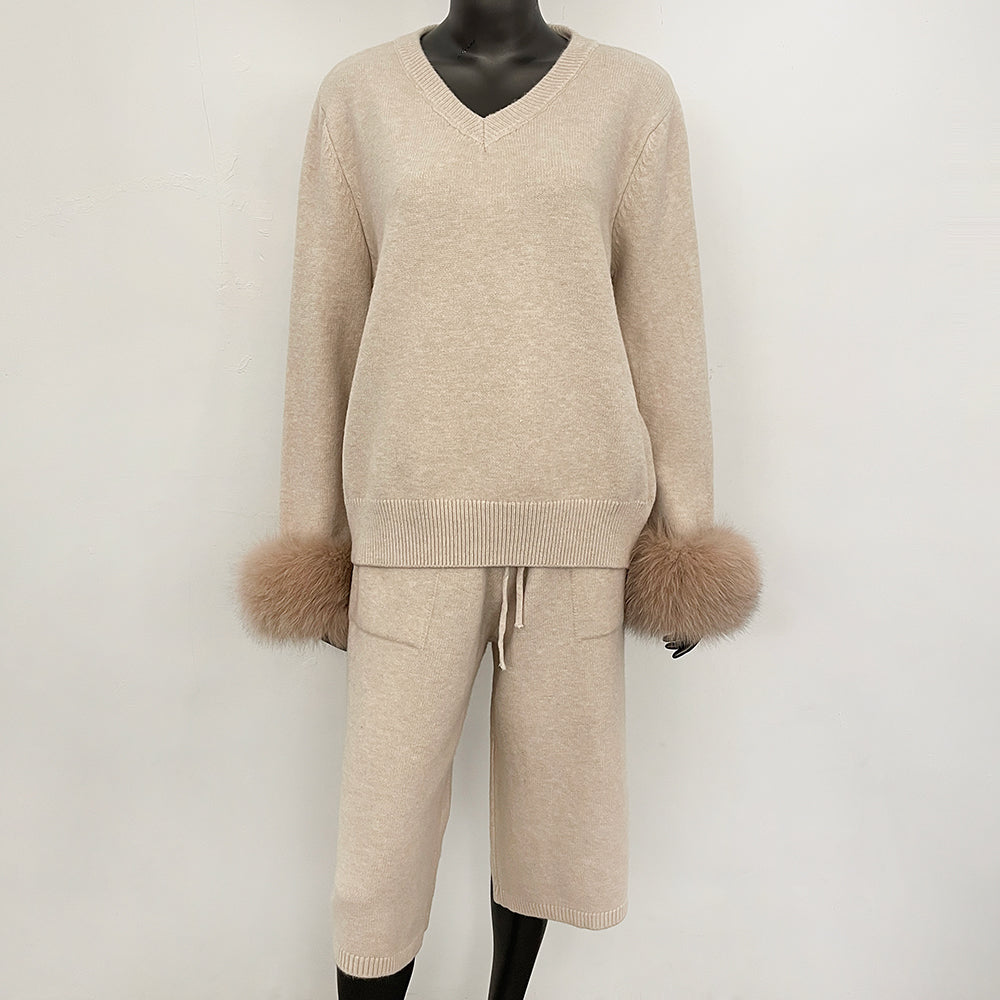 OFTBUY New Women's Knitted Two Piece Set with Real Fox Fur Cuffs V Neck Warm Winter Casual Elegant Outfit Sweater Female