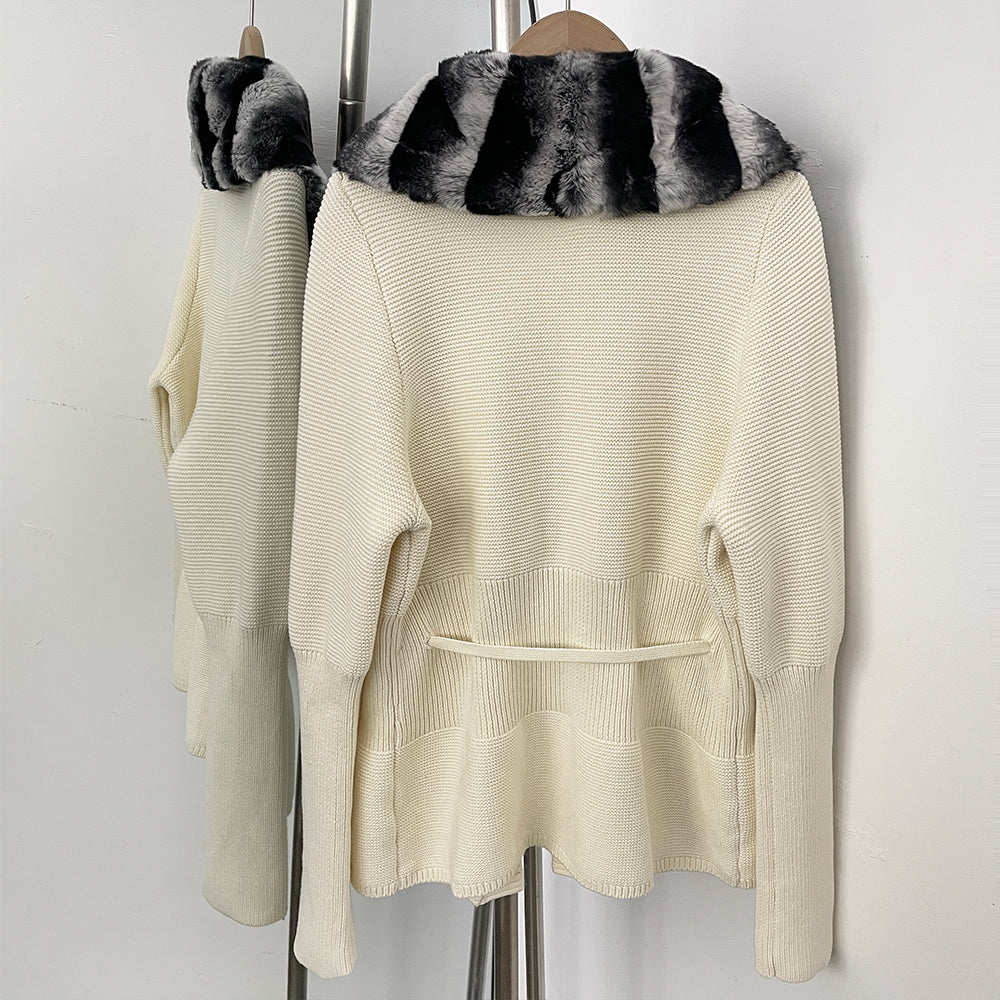 OFTBUY Drawstring Waist Slim Fit Jacket Warm Winter Outerwear New Women's 100% Cotton Knit Cardigan with Striped Rex Rabbit Fur