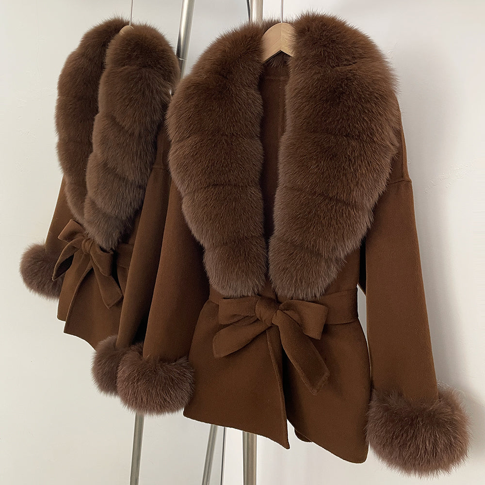 OFTBUY New Women's Double-Faced Wool Coat with Large Real Fox Fur Belted Warm Jacket Winter Elegant Fashion Outerwear Female