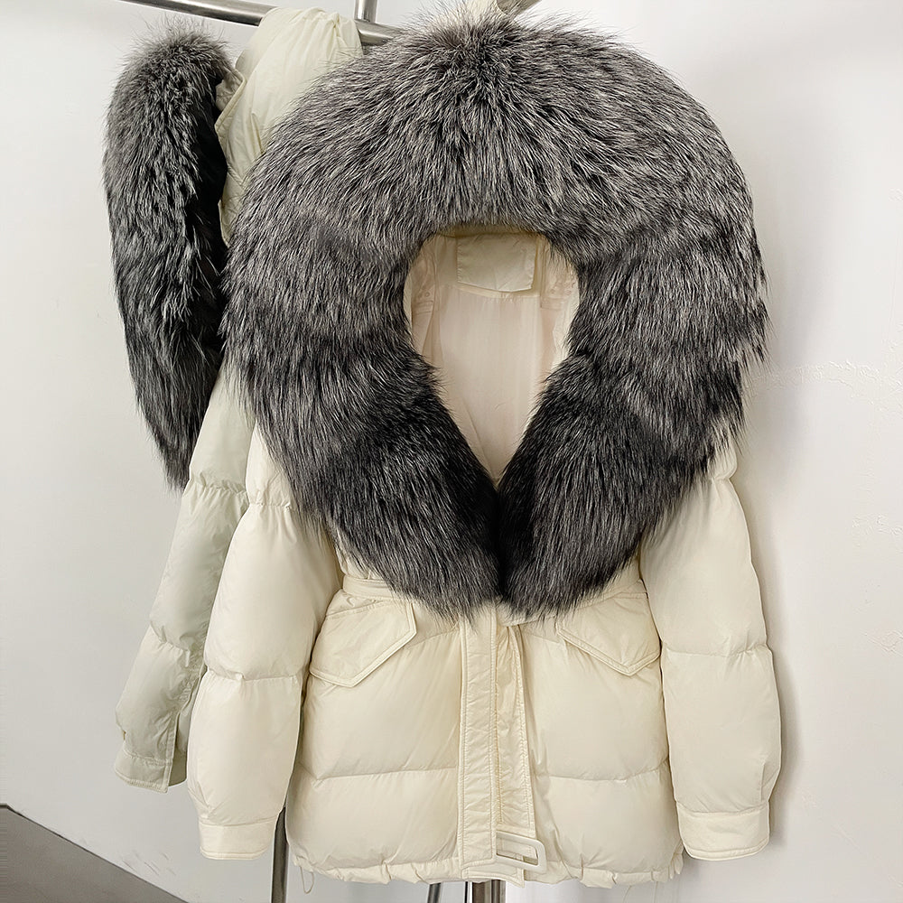 OFTBUY Thick Warm Mid-Long Puffer Coat Real Fox Fur Collar White Duck Down Coat Female Loose Warm Hooded Parkas With Belt