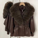OFTBUY Women's Luxury Real Fox/Raccoon Fur Faux Leather Jacket Elastic Waist New Winter Coat Elegant PU Leather Outerwear Female