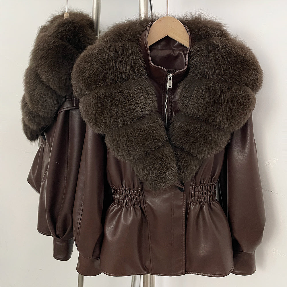 OFTBUY Women's Luxury Real Fox/Raccoon Fur Faux Leather Jacket Elastic Waist New Winter Coat Elegant PU Leather Outerwear Female