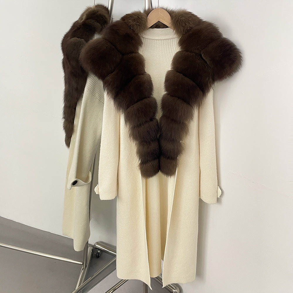 OFTBUY New Autumn Winter Knit Clothing Female Long Big Real Fox Fur Collar Sweater Women Warm Fashion Elegant Cardigan Coat
