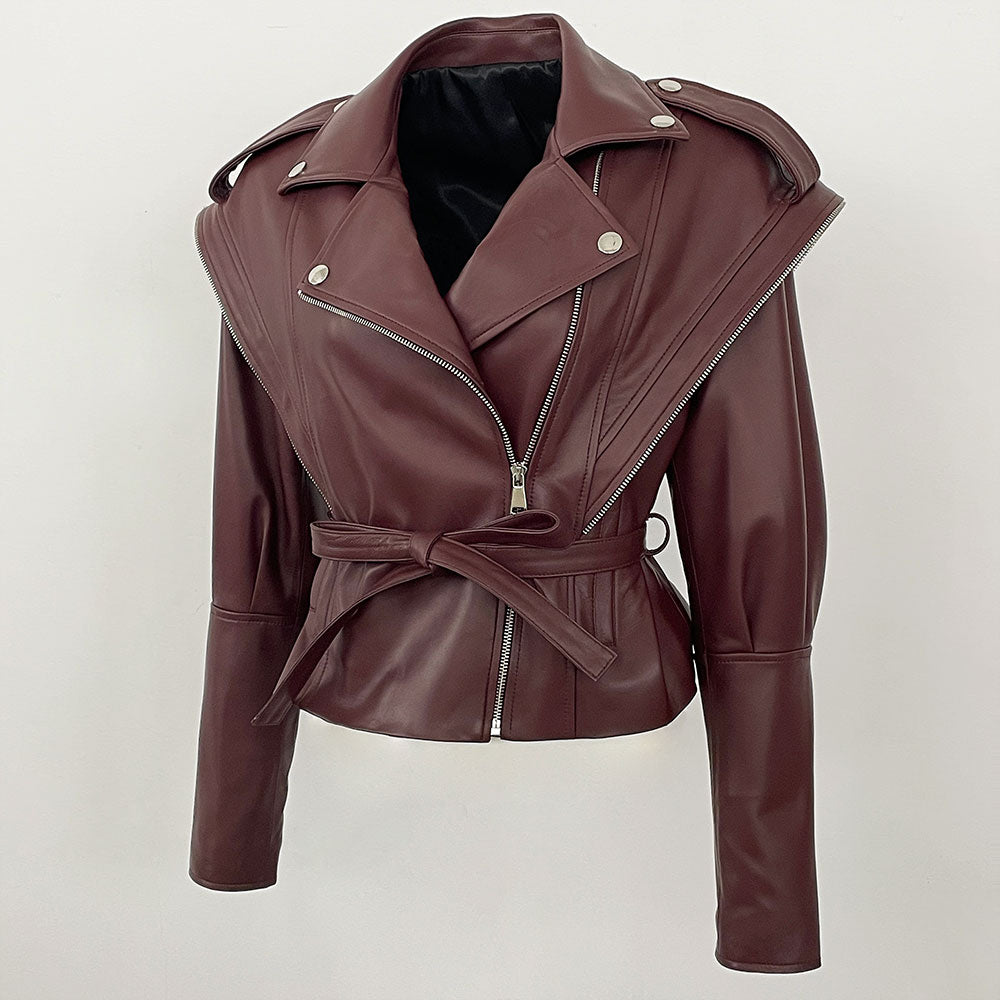 OFTBUY New Autumn Shoulder Leather Jackets Real Sheepskin Jacket Design Biker Leather Jacket Lady Genuine Leather Jacket Women
