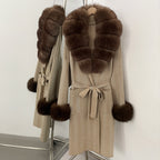 OFTBUY Winter Elegant Outerwear Warm Long Coat Lady New Women's Knit Coat with Large Real Fox Fur Collar Belted Cardigan Female