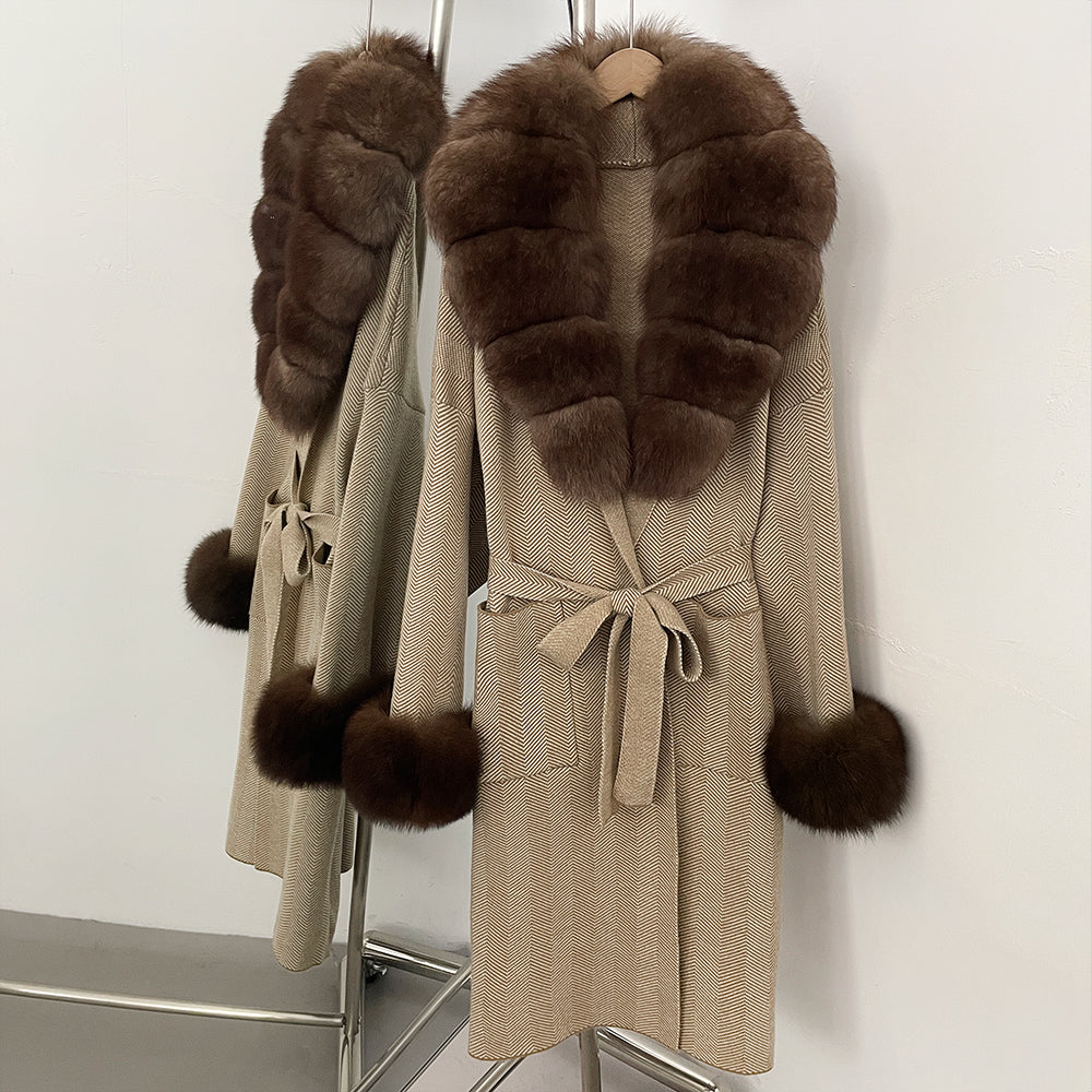 OFTBUY Winter Elegant Outerwear Warm Long Coat Lady New Women's Knit Coat with Large Real Fox Fur Collar Belted Cardigan Female