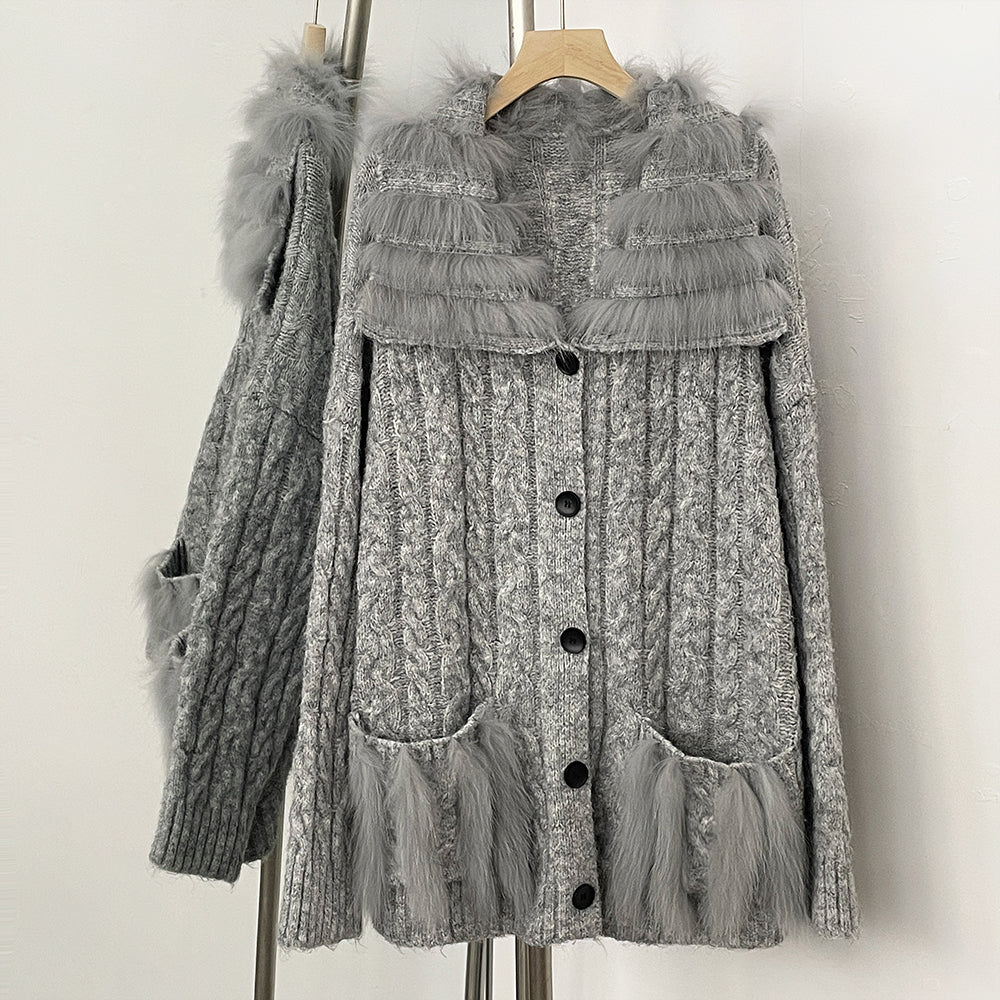 OFTBUY New Spring Warm Top Knitted Clothing Female Oversize Resl Fox Fur Cardigan Sweater Coat Women Loose Knitting Knitwear