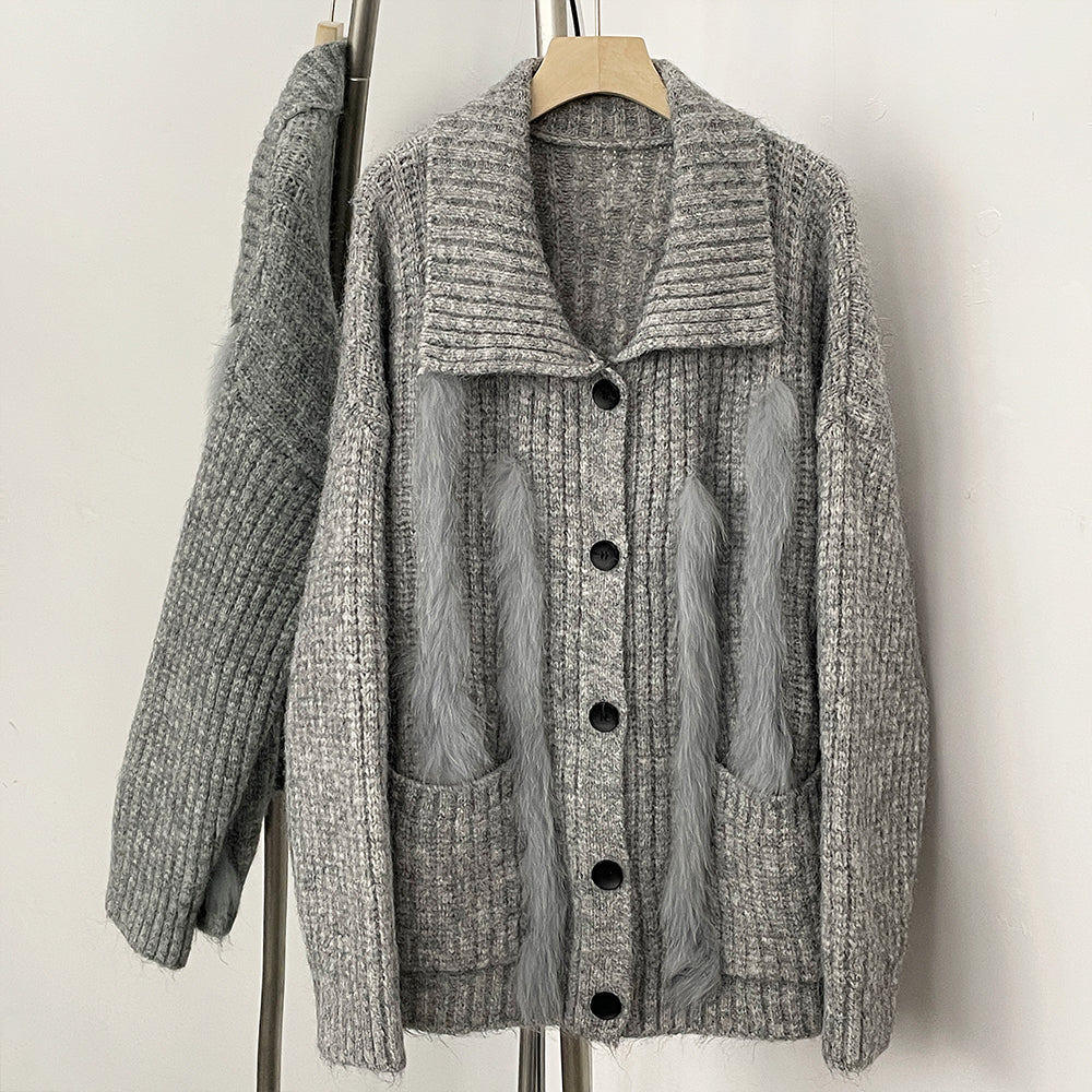 OFTBUY New Fashion Spring Autumn Loose Sweater Female Real Fox Fur Cardigan Clothing Women Button Oversized Knitted Jacket Lady