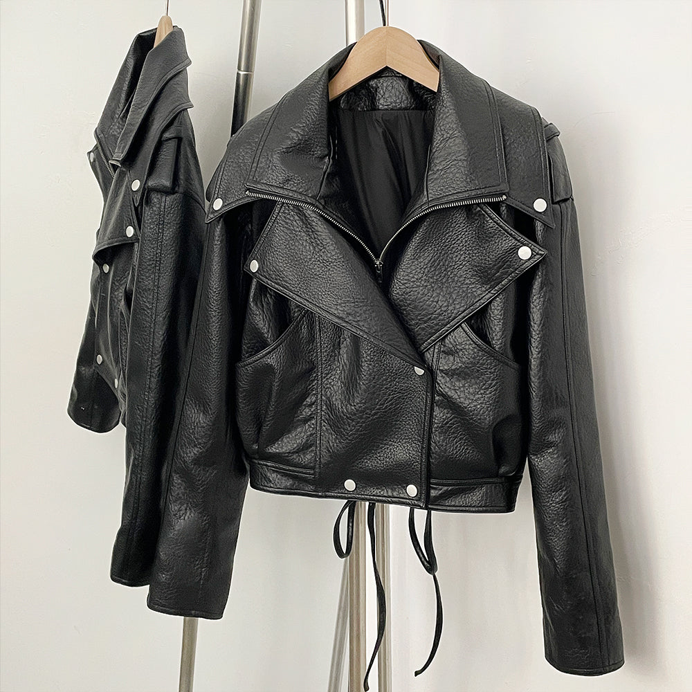 OFTBUY Women's Black Faux Leather Cropped Moto Jacket Asymmetric Zip PU Biker Coat Female New Autumn Vintage Punk Outerwear